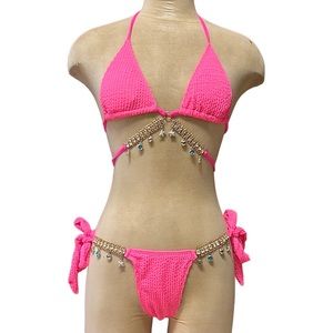 Hot Pink Bikini 2pc Swimsuit Gold Chain Charms Seersucker S Small